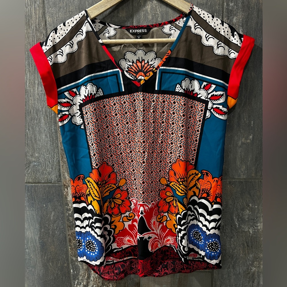 Express Multicolor Floral Geometric V-Neck Top - Teal, Orange, Red, Black